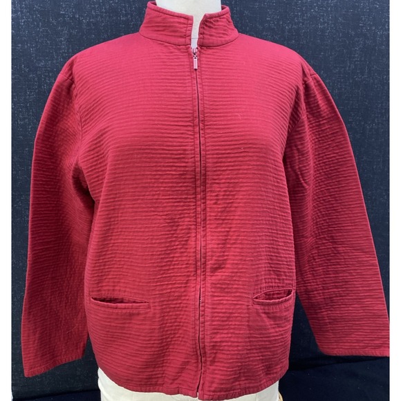 Eileen Fisher Lightweight Jacket Womens S Red Full Zip Cotton Mock Neck Textured - Picture 2 of 10